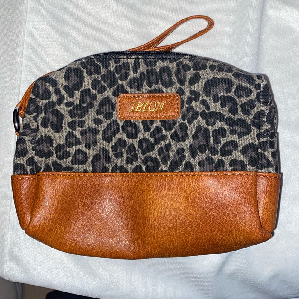 Brown and leopard wristlet or make up bag